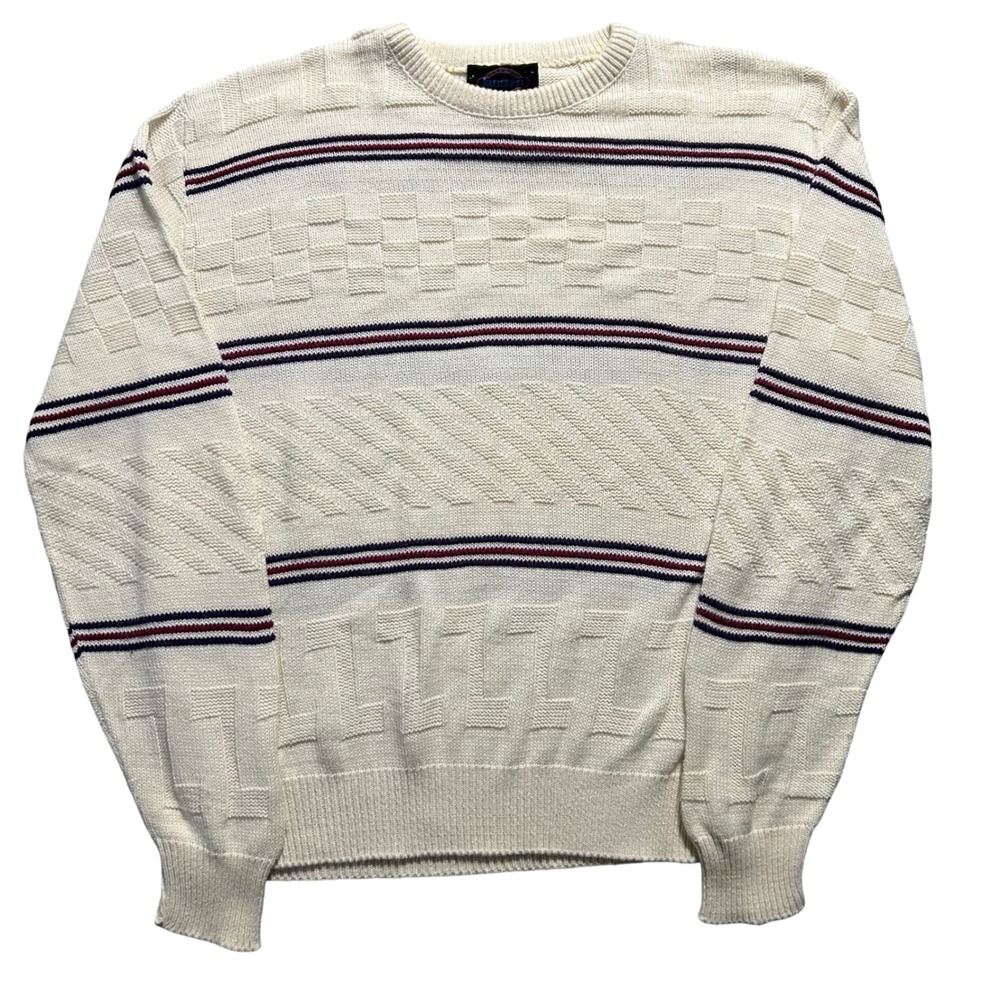 Jantzen Sweater Mens L Cream Textured Mixed Knit Striped Cotton Vintage USA 90s